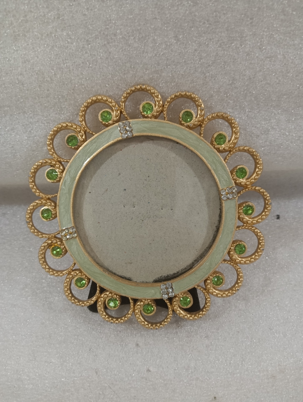 Round Gold Tone Green Rhinestone Photo Frame